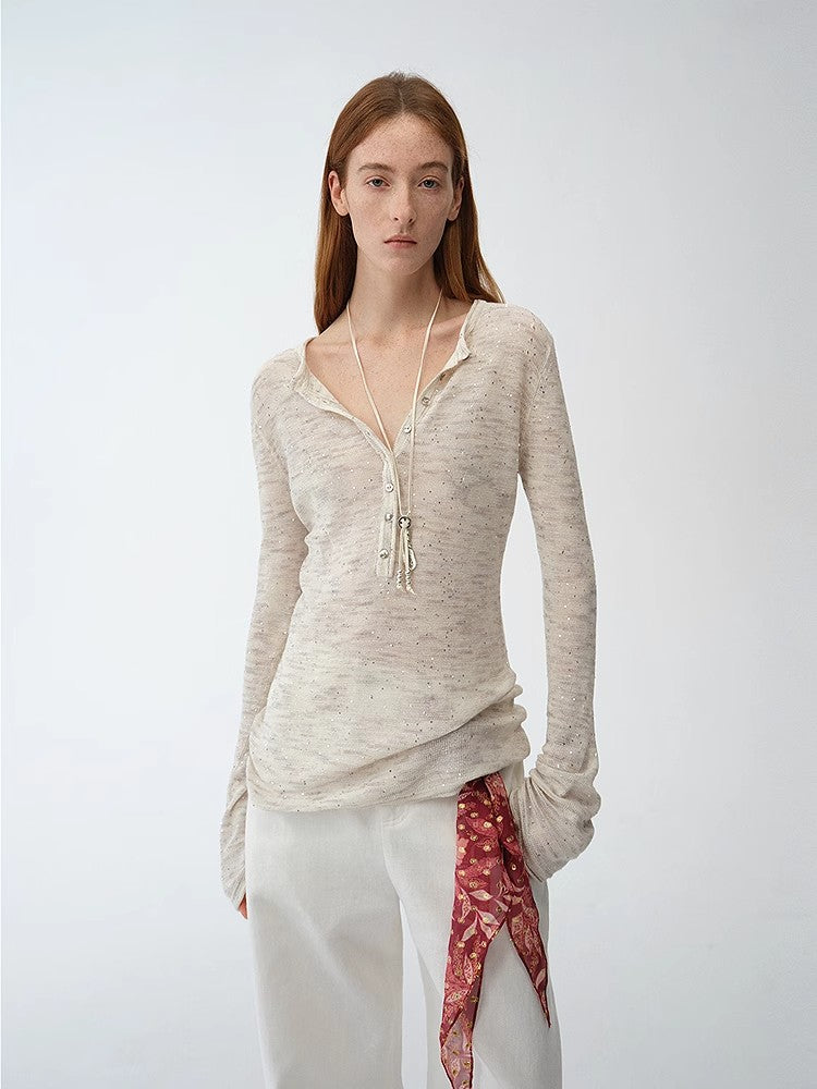Fashionable cotton and linen beaded fancy yarn waisted bell sleeves round neck cardigan knitted top"Perry Moonlight"
