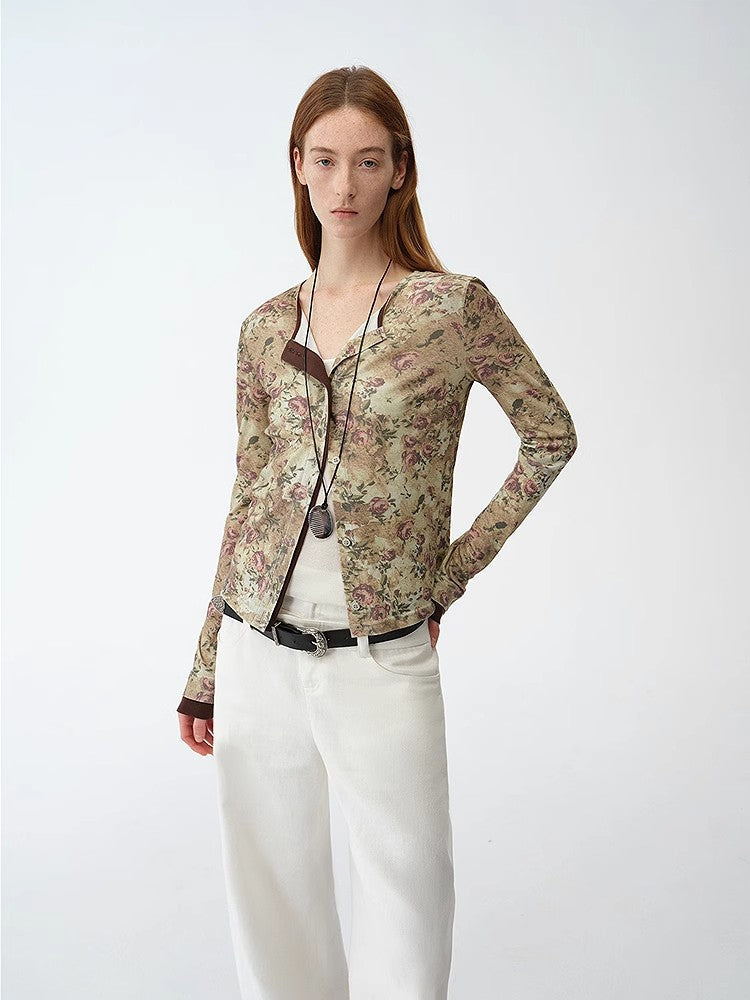 Original retro ethnic print Tencel Merino wool blend long-sleeved shirt"Senna Flower House"