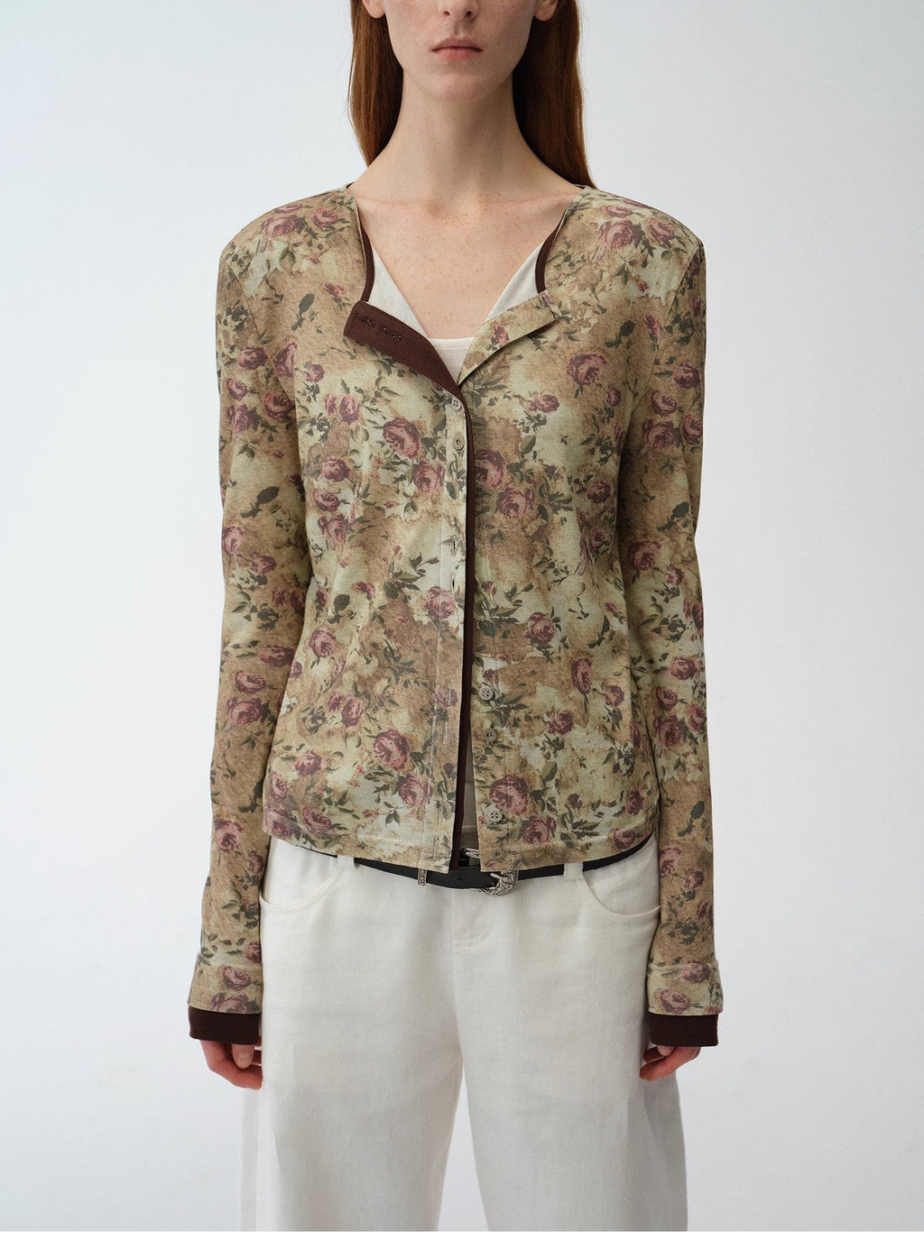 Original retro ethnic print Tencel Merino wool blend long-sleeved shirt"Senna Flower House"