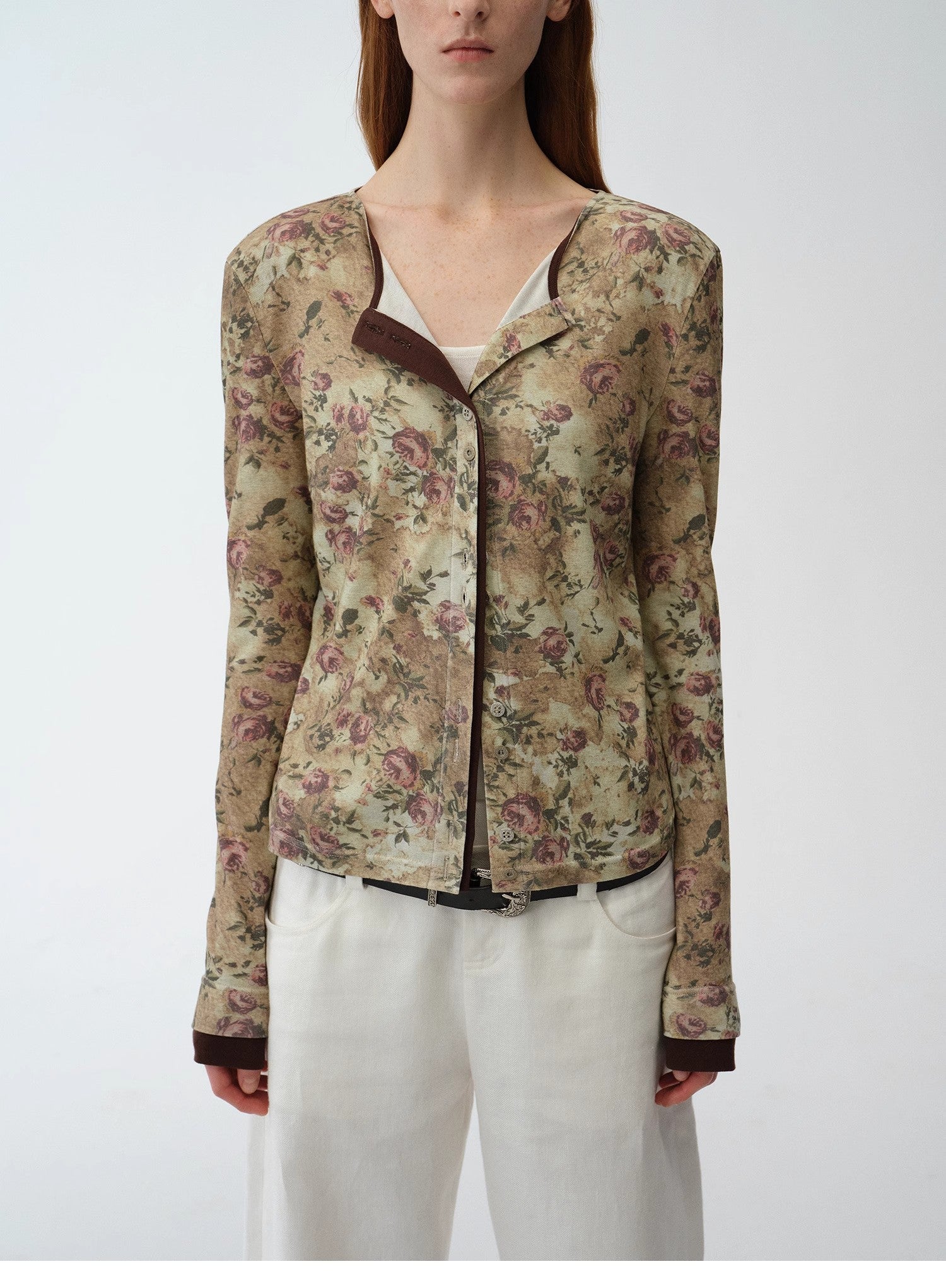 Original retro ethnic print Tencel Merino wool blend long-sleeved shirt"Senna Flower House"