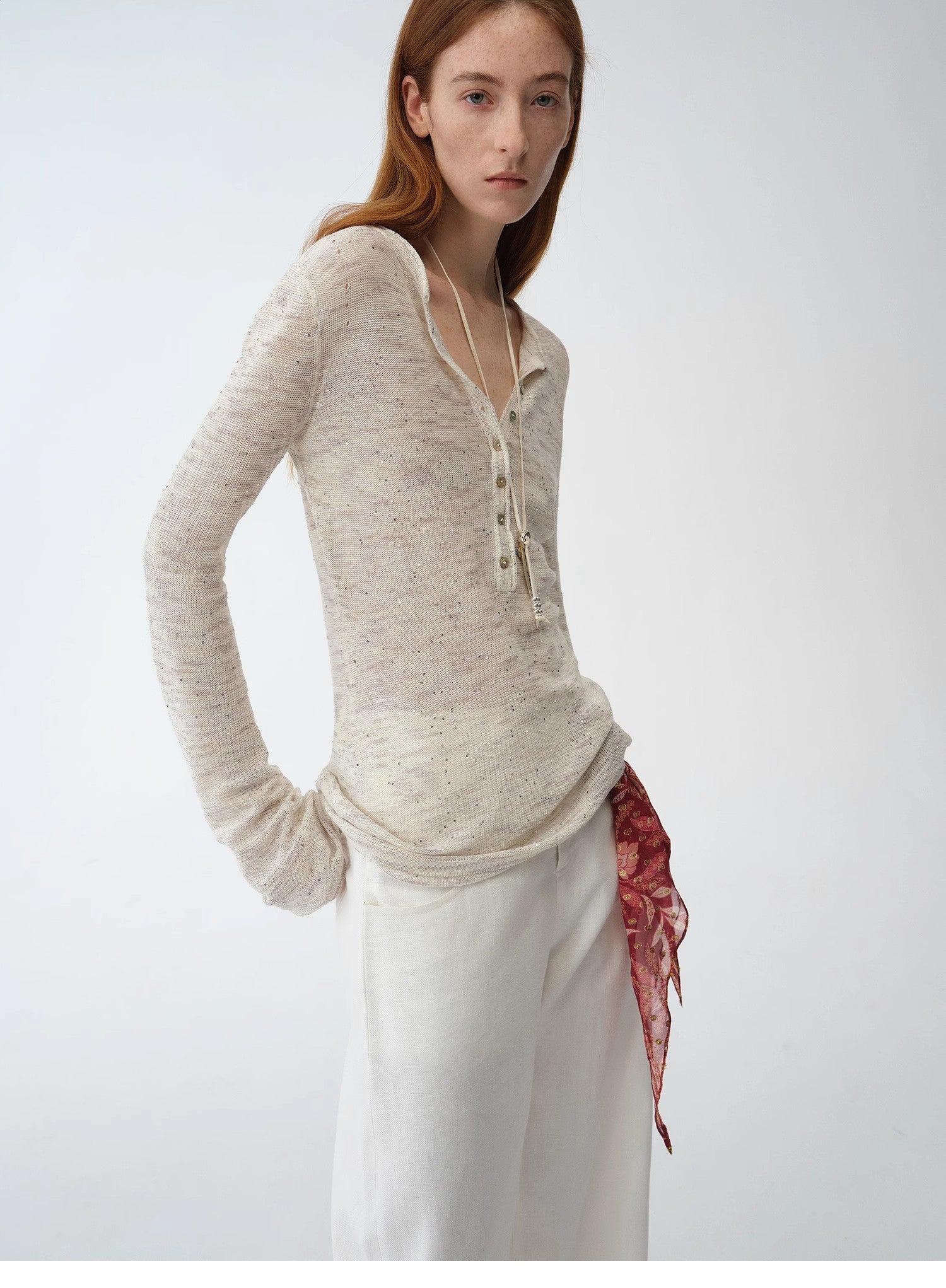 Fashionable cotton and linen beaded fancy yarn waisted bell sleeves round neck cardigan knitted top"Perry Moonlight"