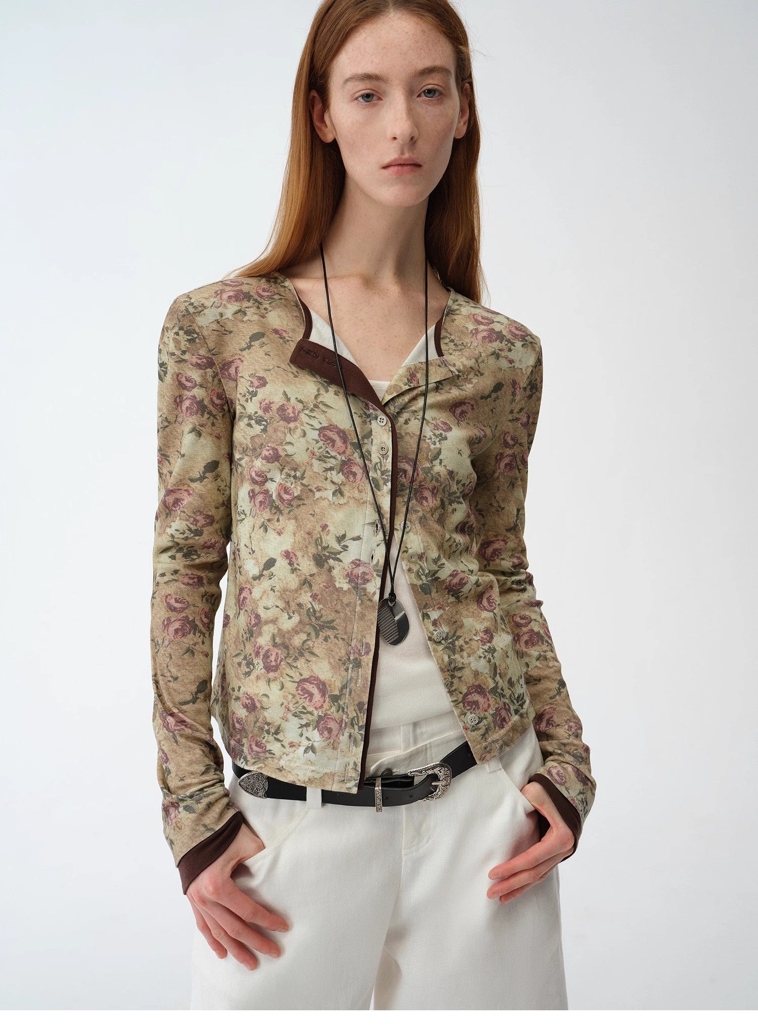 Original retro ethnic print Tencel Merino wool blend long-sleeved shirt"Senna Flower House"