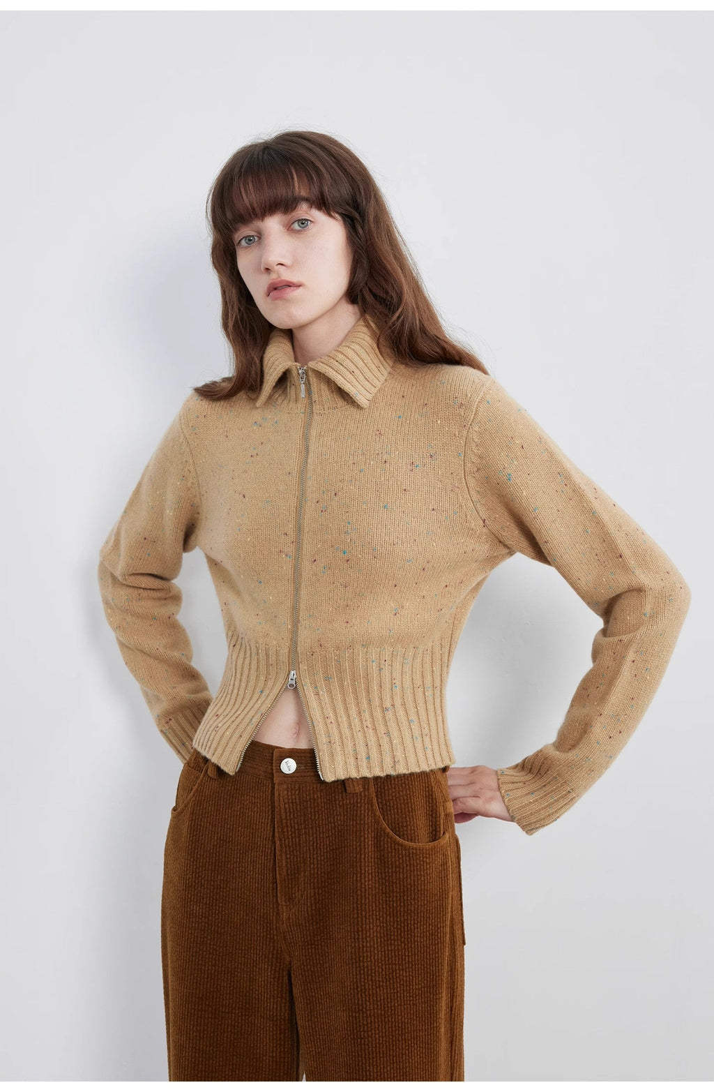"Autumn Breeze Tea" colorful dotted wool-blend double-zip knitted cardigan short stand-up collar sweater-4