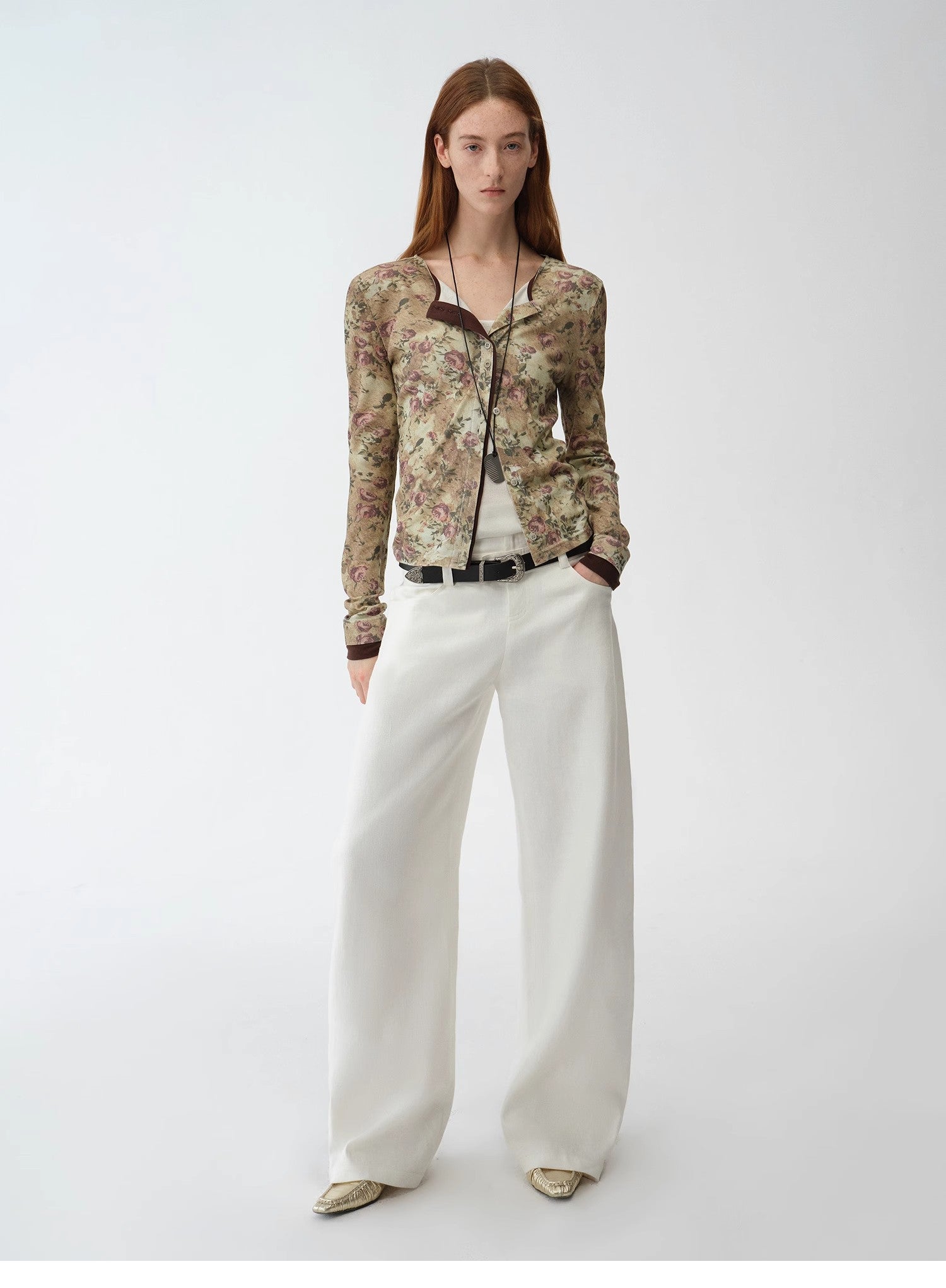 Original retro ethnic print Tencel Merino wool blend long-sleeved shirt"Senna Flower House"