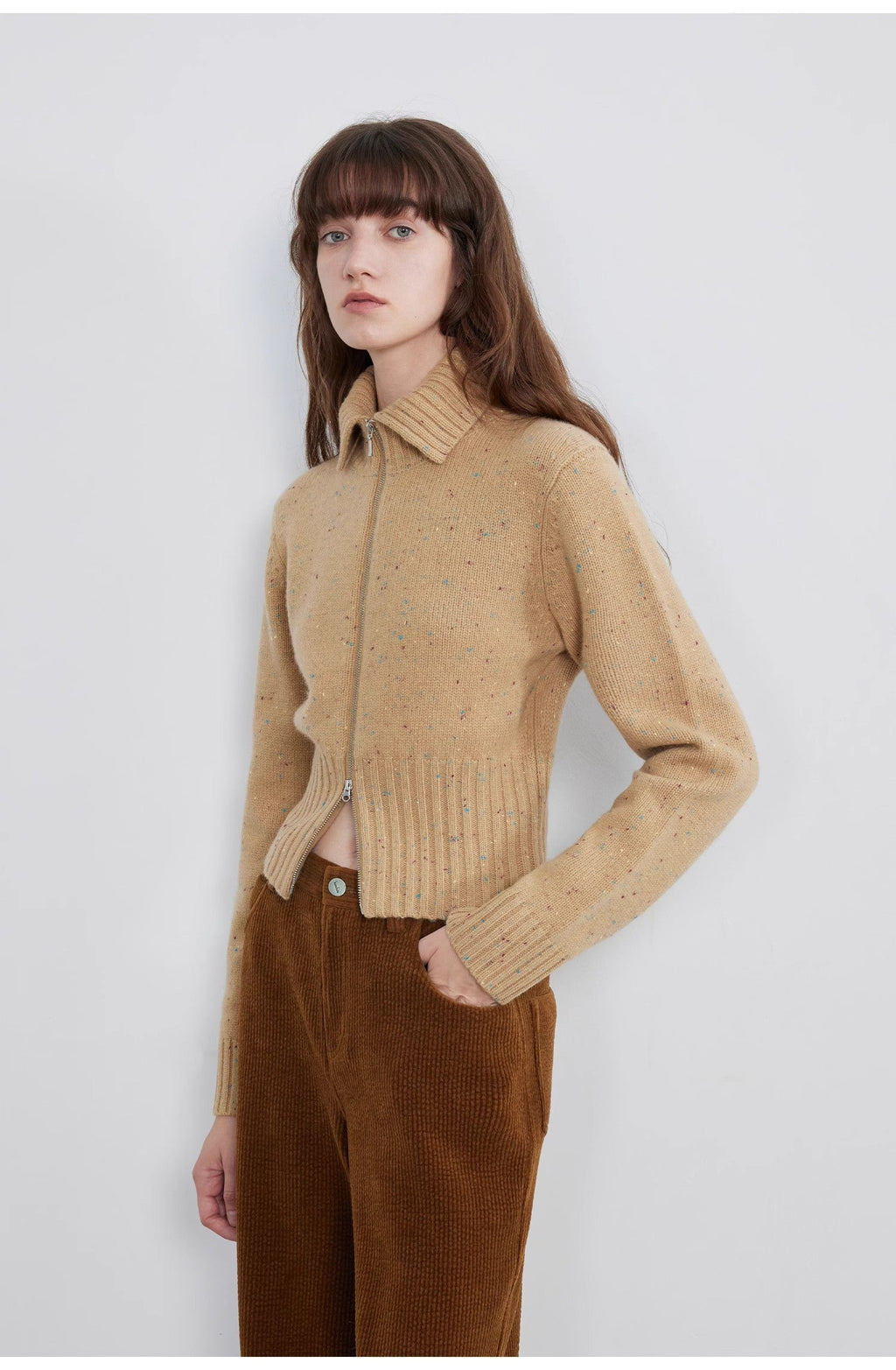 "Autumn Breeze Tea" colorful dotted wool-blend double-zip knitted cardigan short stand-up collar sweater