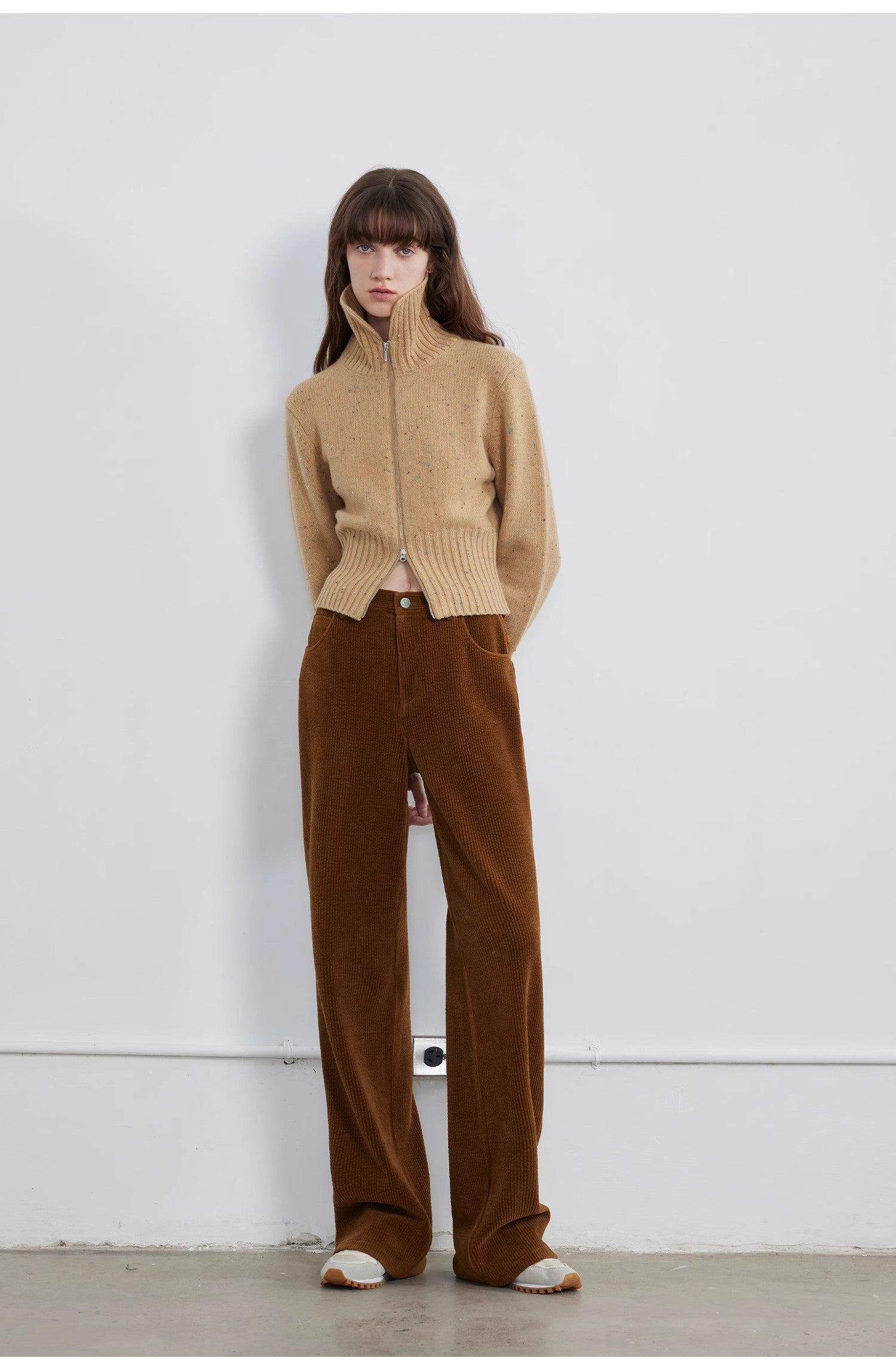 "Autumn Breeze Tea" colorful dotted wool-blend double-zip knitted cardigan short stand-up collar sweater-0