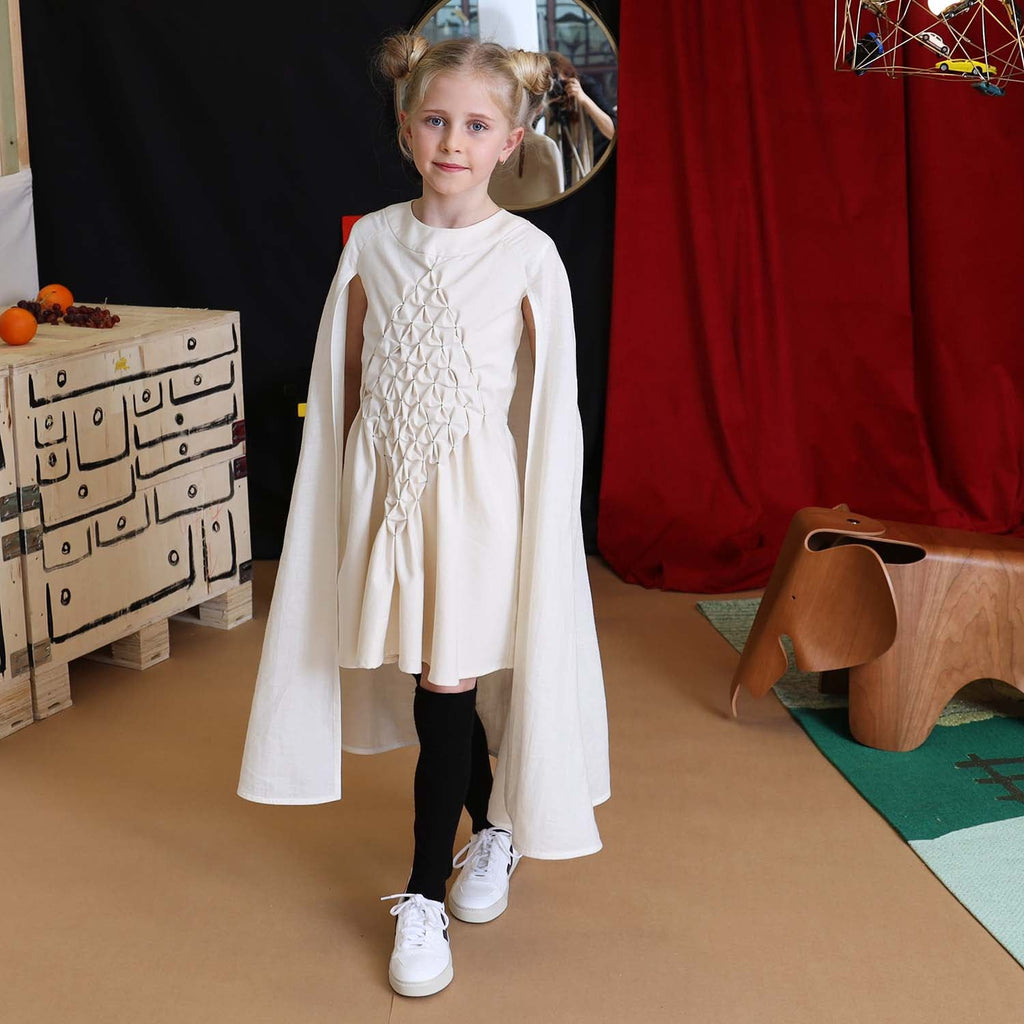 White Smock Dress for Girls with Vegan Cashmere Cape
