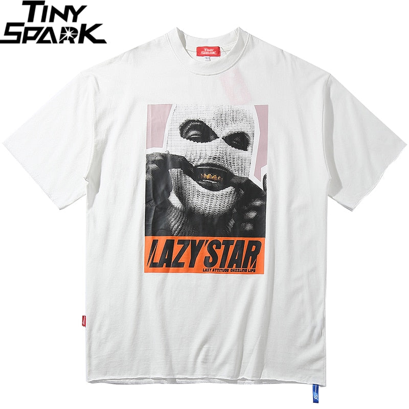 Oversize Hip Hop T Shirt Men Streetwear Harajuku Masked Man Print Tshirt Short Sleeve Cotton Casual T-Shirt Black Plus Size