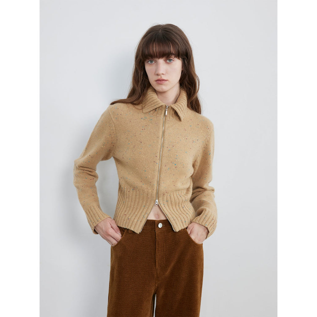 "Autumn Breeze Tea" colorful dotted wool-blend double-zip knitted cardigan short stand-up collar sweater-1
