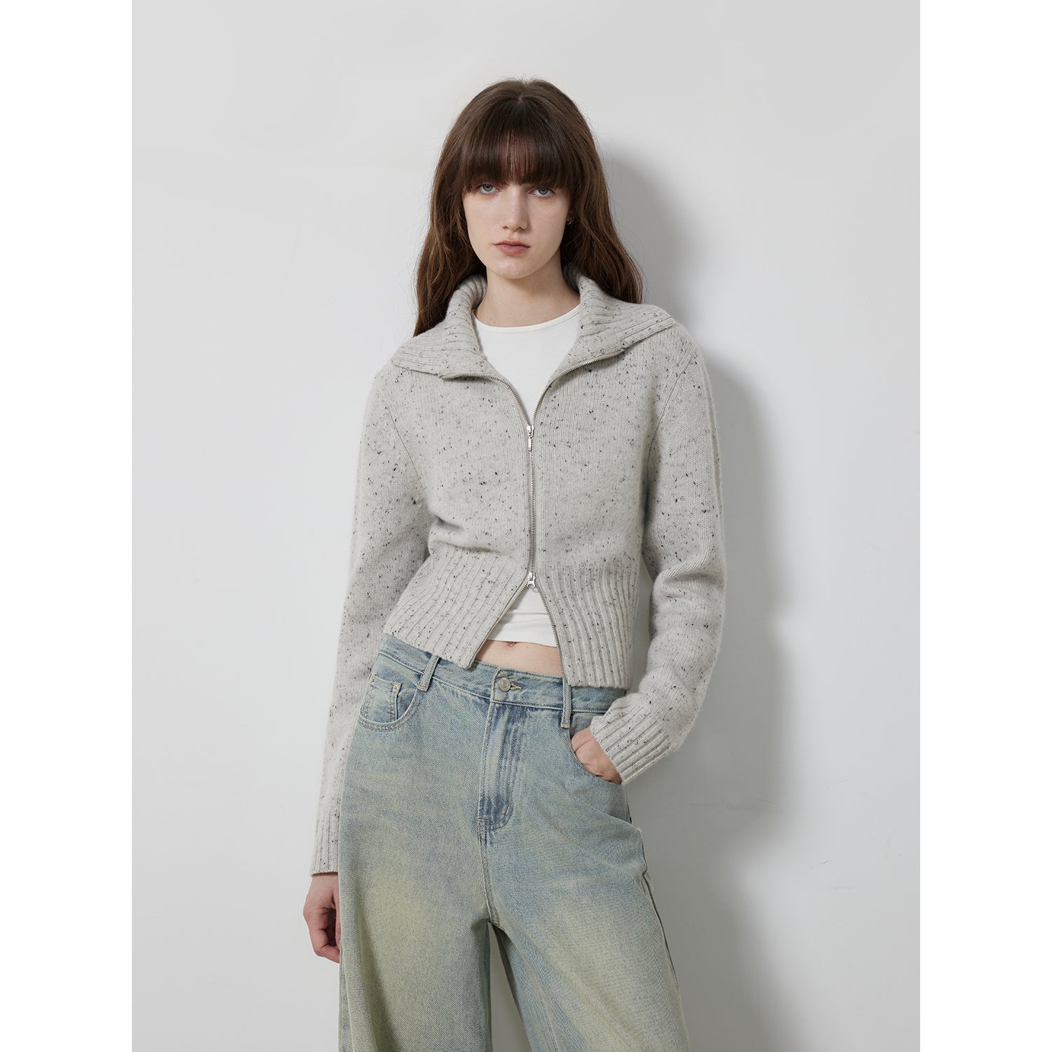 "Autumn Breeze Tea" colorful dotted wool-blend double-zip knitted cardigan short stand-up collar sweater-5