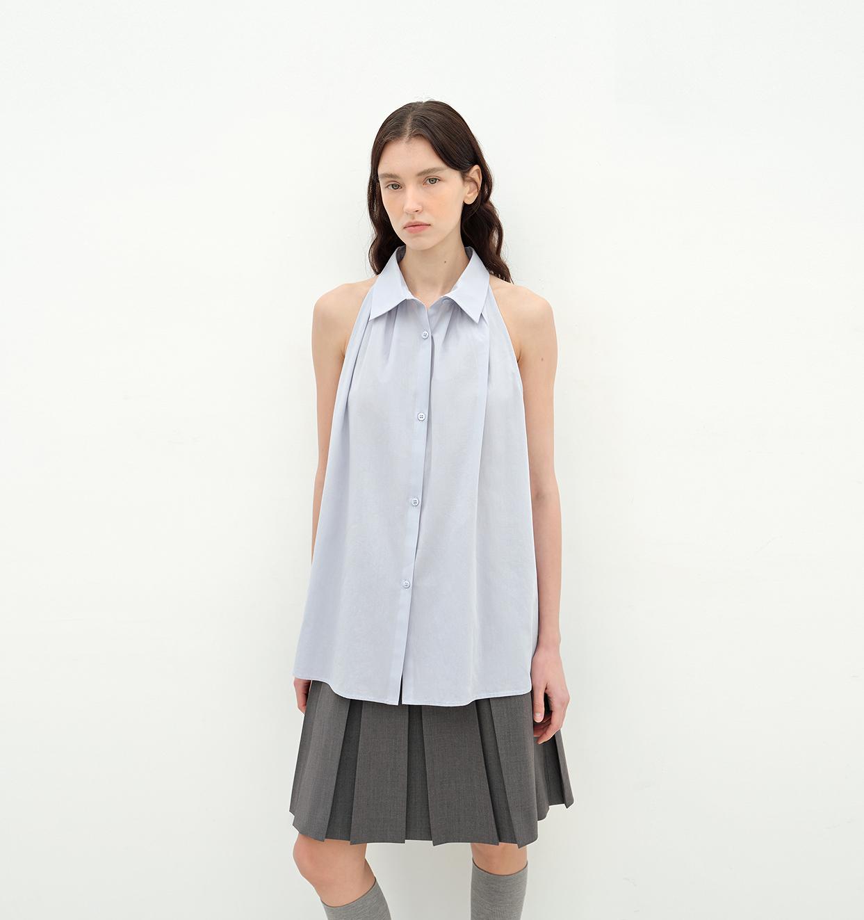 "Poland Island" imported pure cotton stand-up collar sleeveless striped shirt temperament top for women
