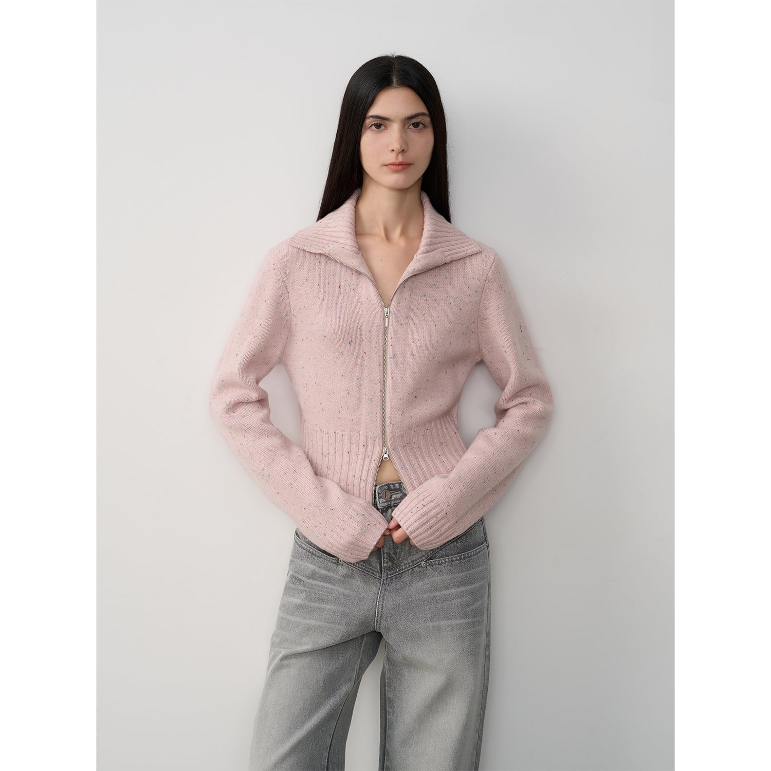 "Autumn Breeze Tea" colorful dotted wool-blend double-zip knitted cardigan short stand-up collar sweater-6