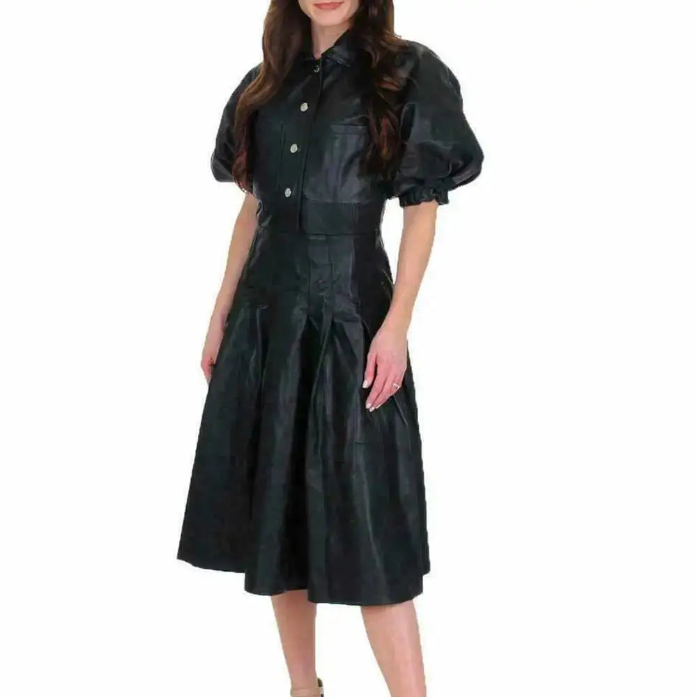 Women’s Black Leather Frock Casual Party Dress