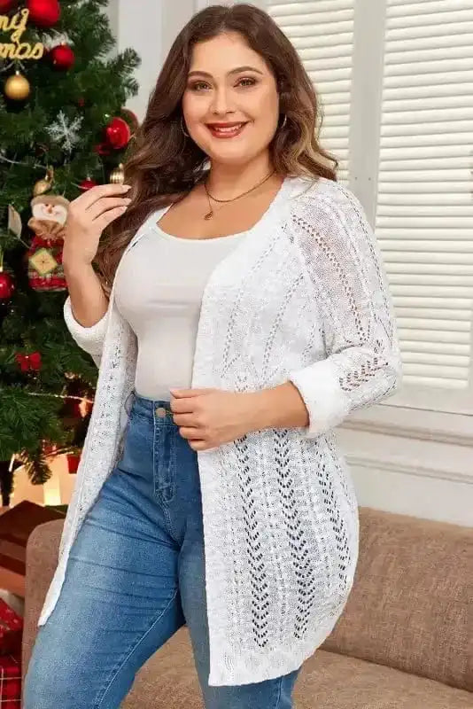 Cozy Comfort Plus Size White Eyelet Cardigan