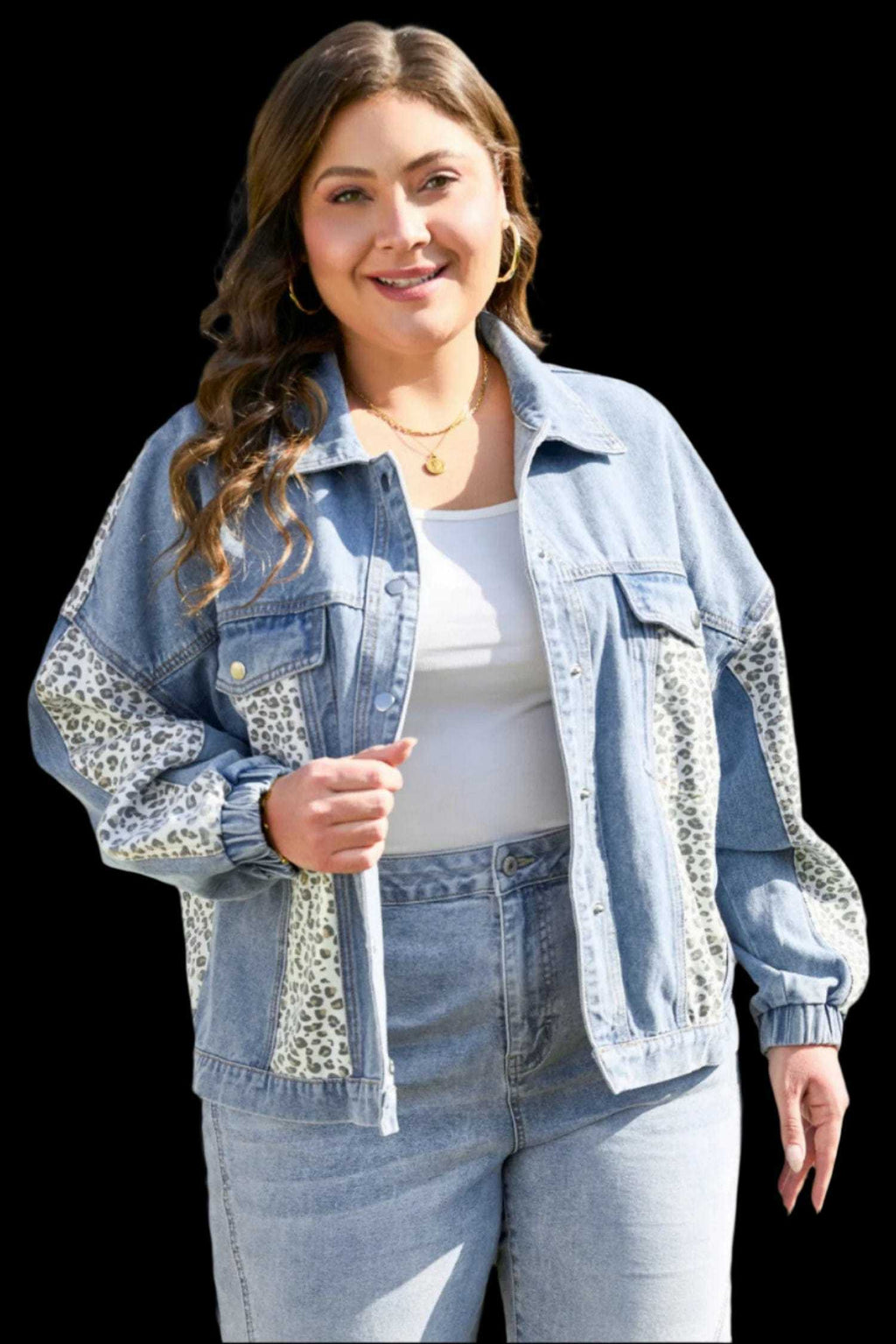 Leopard Contrast Denim Jacket Plus Size