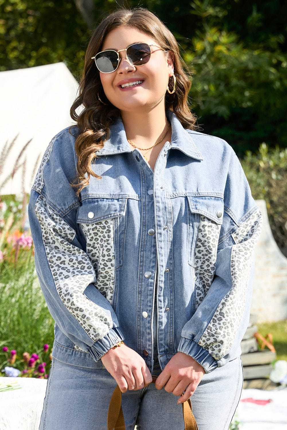 Leopard Contrast Denim Jacket Plus Size