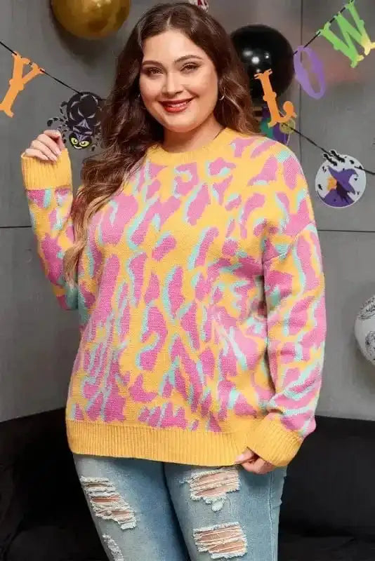 Plus-Size Pink Leopard Sweater