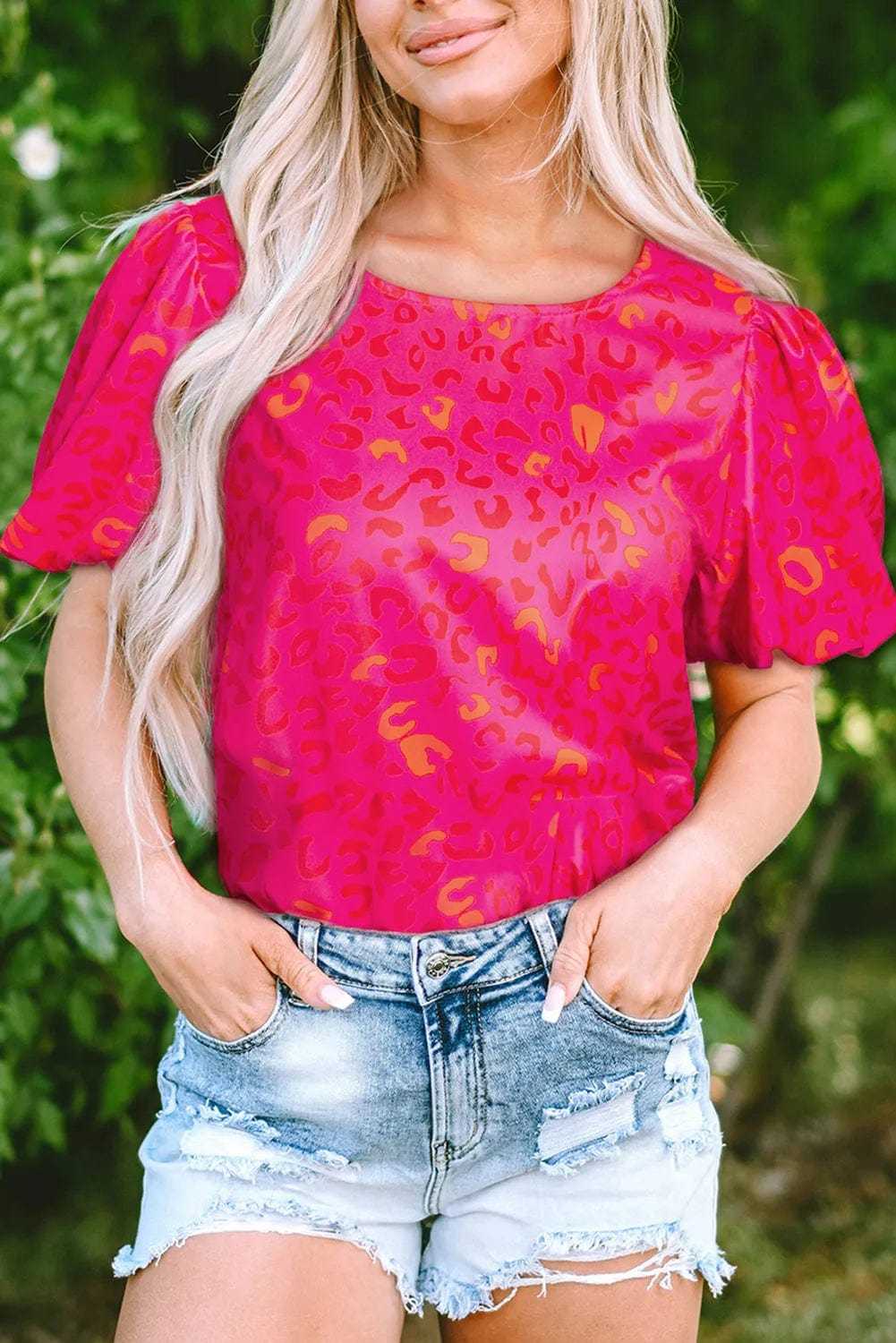 Pink Leopard Print Short Puff Sleeve Top