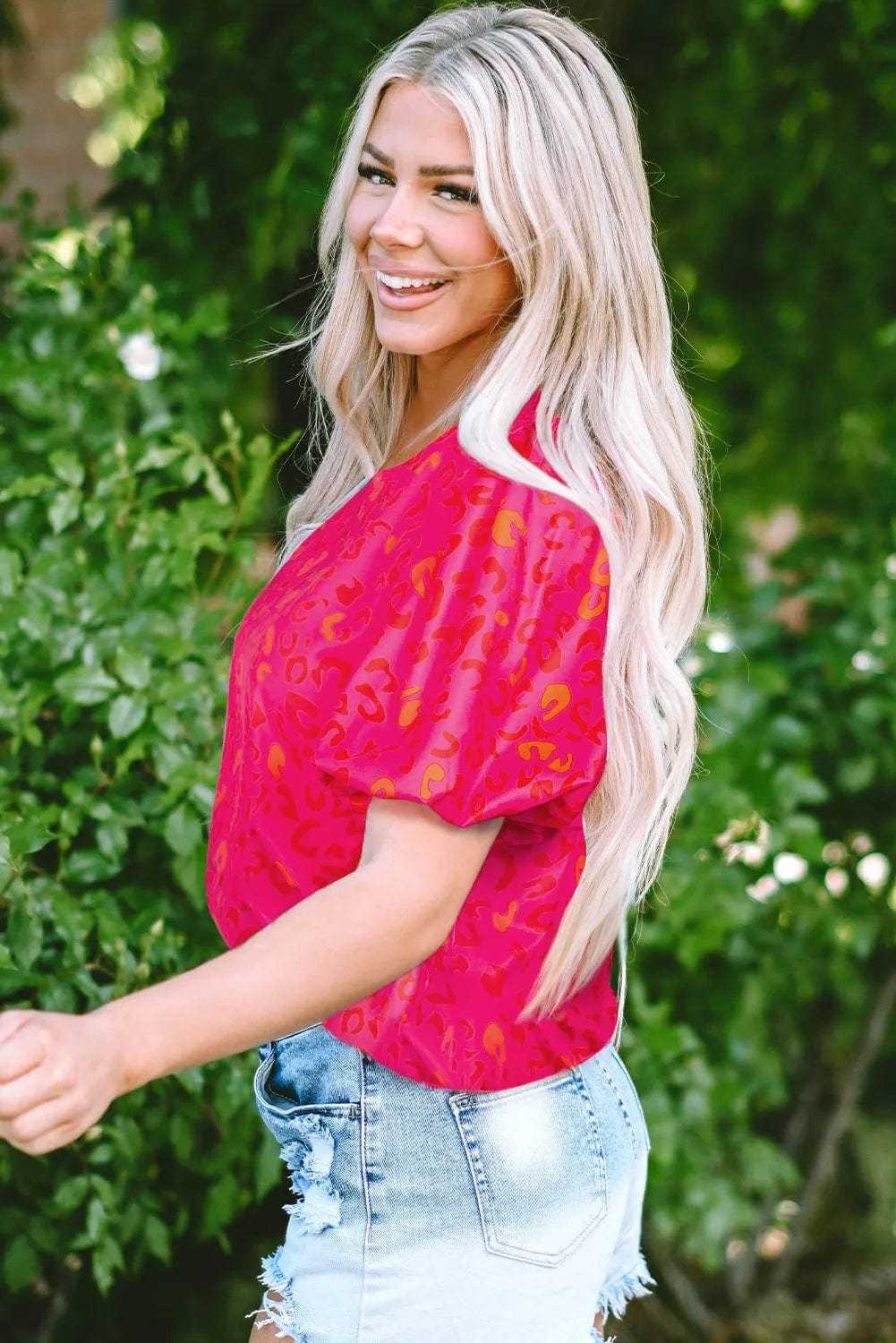 Pink Leopard Print Short Puff Sleeve Top