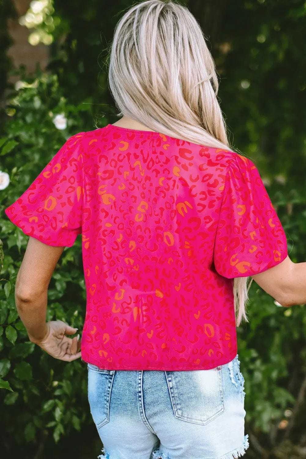 Pink Leopard Print Short Puff Sleeve Top