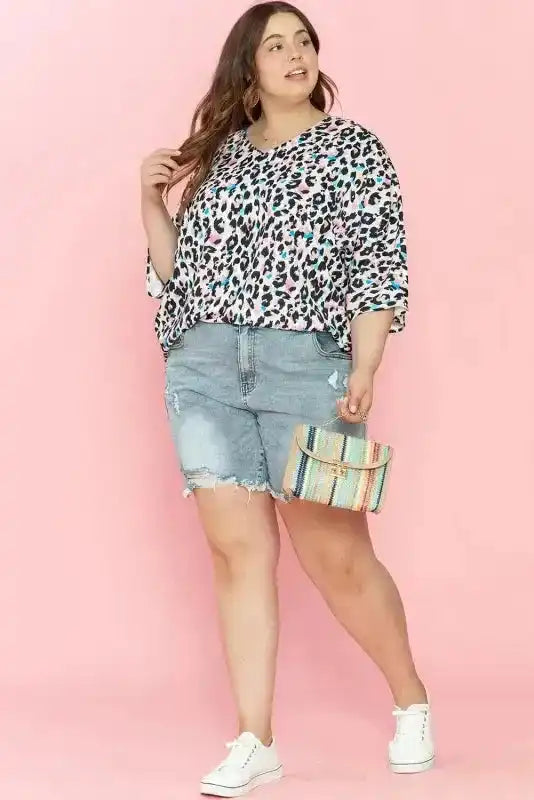 Leopard Batwing Sleeve Plus Size Top