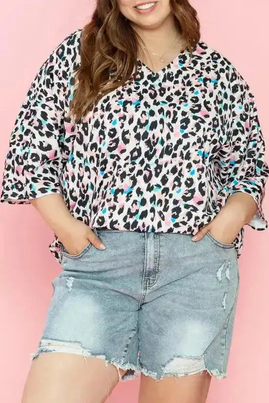 Leopard Batwing Sleeve Plus Size Top