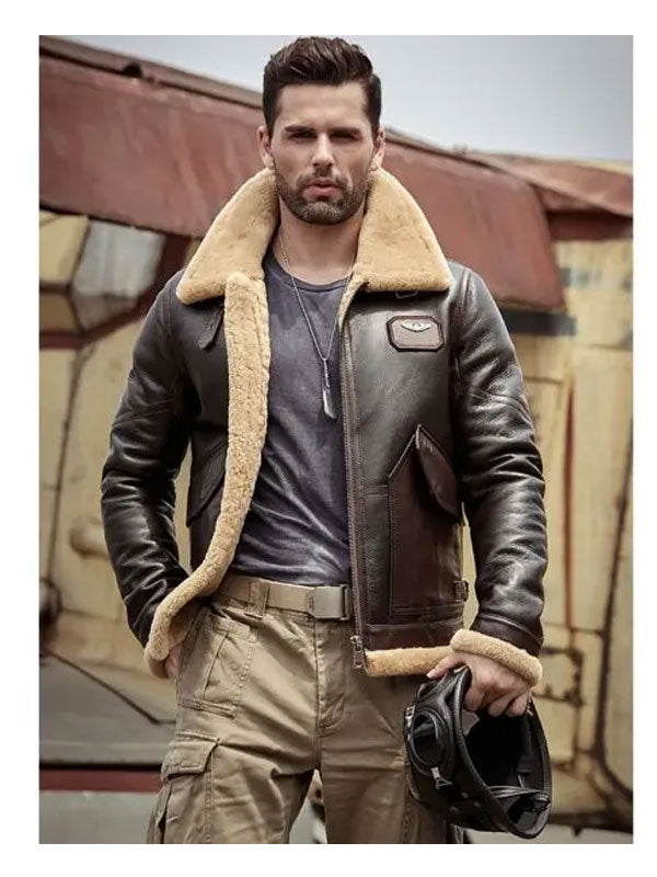 Mens Leather Jacket Fur Coat Airforce Flight Jacket - M
