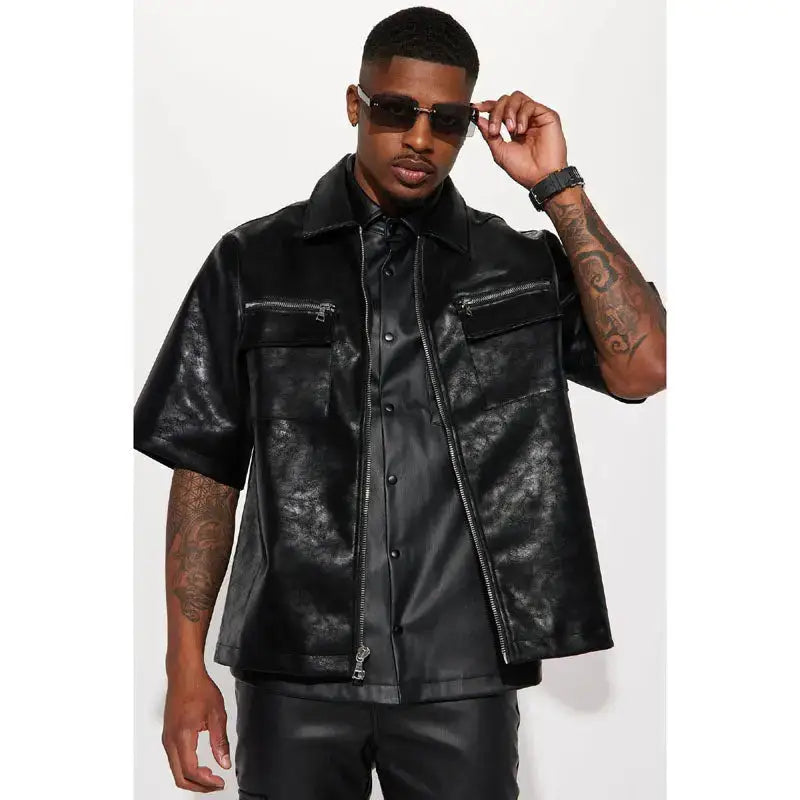 Mens Leather Zip Up Shirt