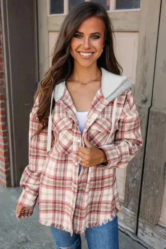Multicolour Plaid Flap Pocket Hooded Jacket