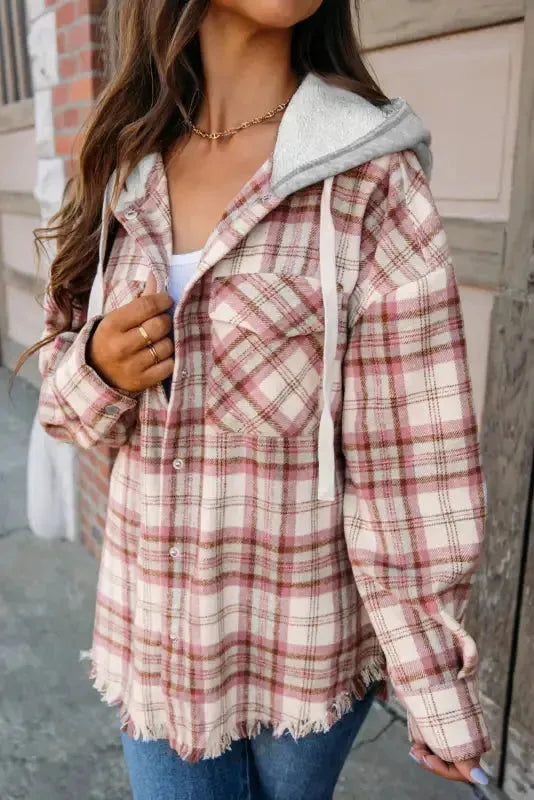 Multicolour Plaid Flap Pocket Hooded Jacket