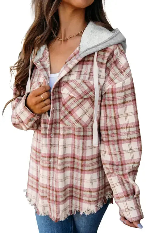 Multicolour Plaid Flap Pocket Hooded Jacket
