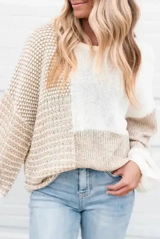 Beige Mixed-Knit Oversized Sweater