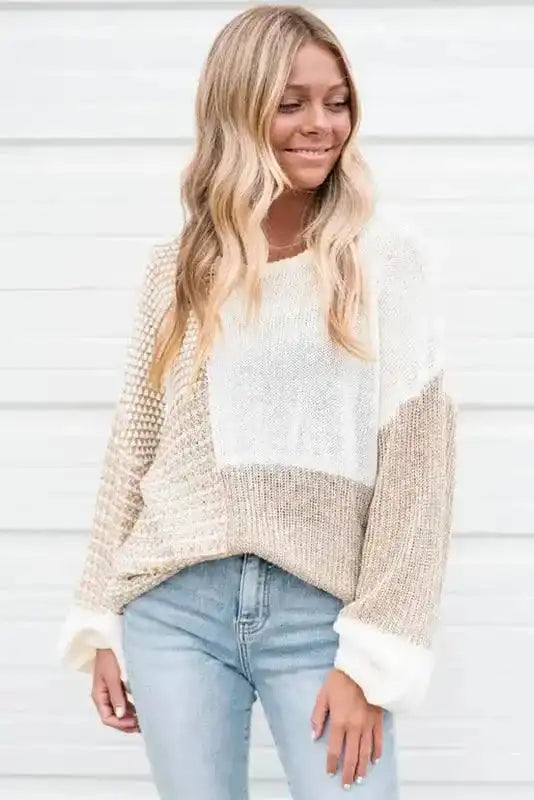 Beige Mixed-Knit Oversized Sweater