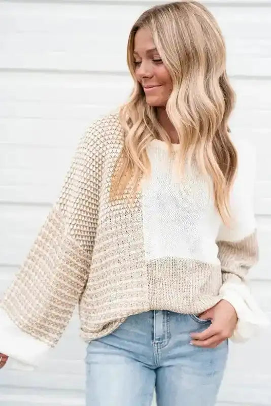 Beige Mixed-Knit Oversized Sweater