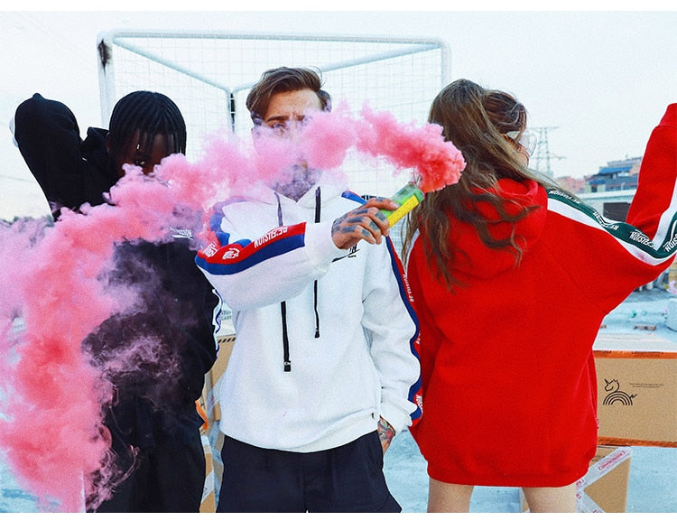 Men Side Letter Fleece Hooded Pullover Street Fashion Hip Hop