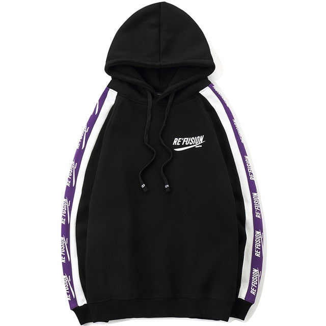 Men Side Letter Fleece Hooded Pullover Street Fashion Hip Hop