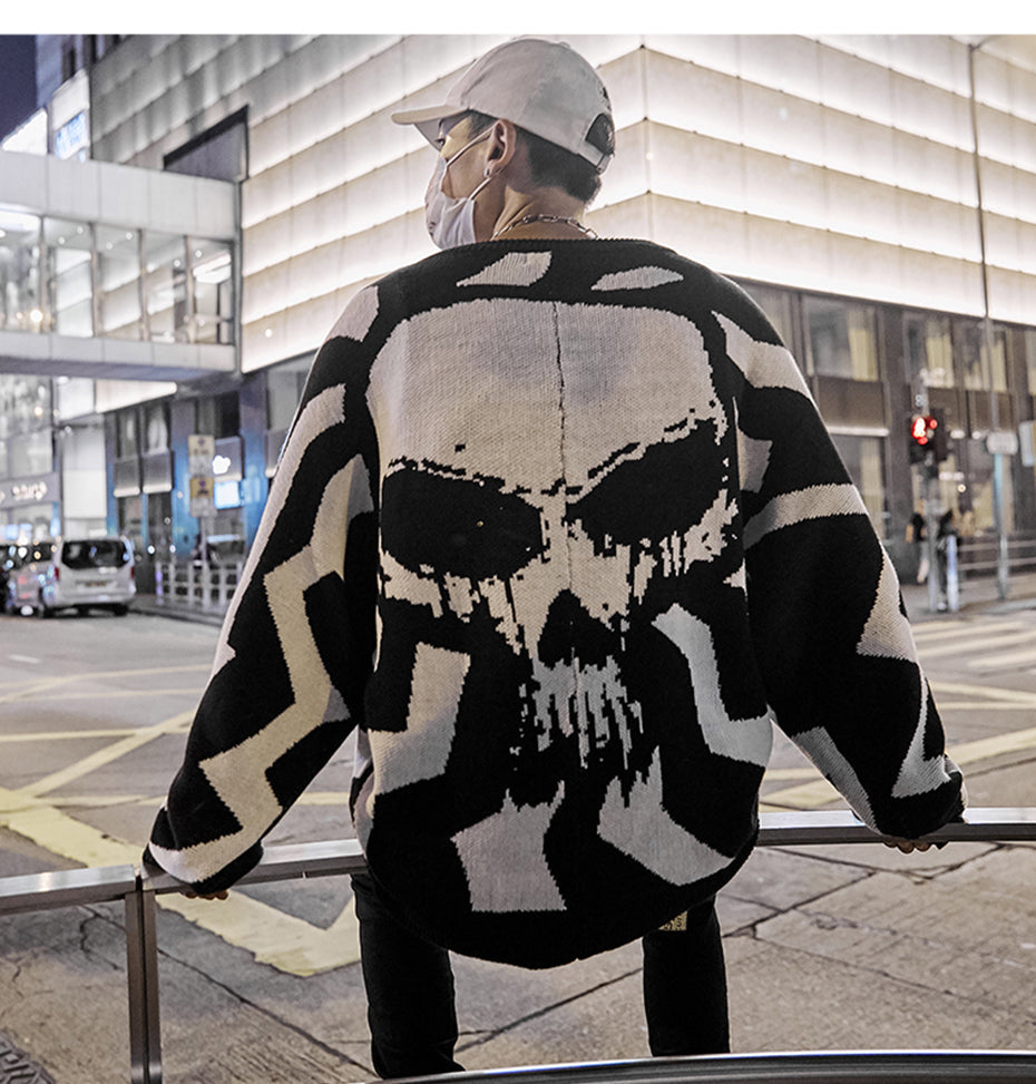 Men Skull Printed Hip Hop Sweater Streetwear High Quality Loose Oversized Sweaters Casual Pullover Clothing KA13