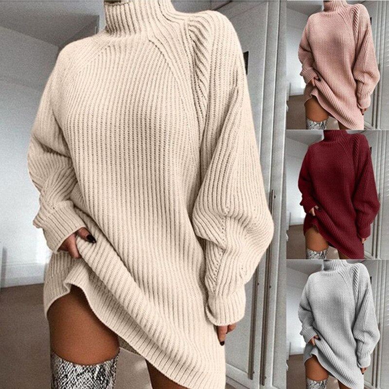 Turtleneck Long Sleeve Sweater Dress Women Autumn Winter Loose Tunic Knitted Casual Pink Gray Clothes Solid Dresses