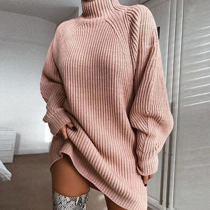 Turtleneck Long Sleeve Sweater Dress Women Autumn Winter Loose Tunic Knitted Casual Pink Gray Clothes Solid Dresses