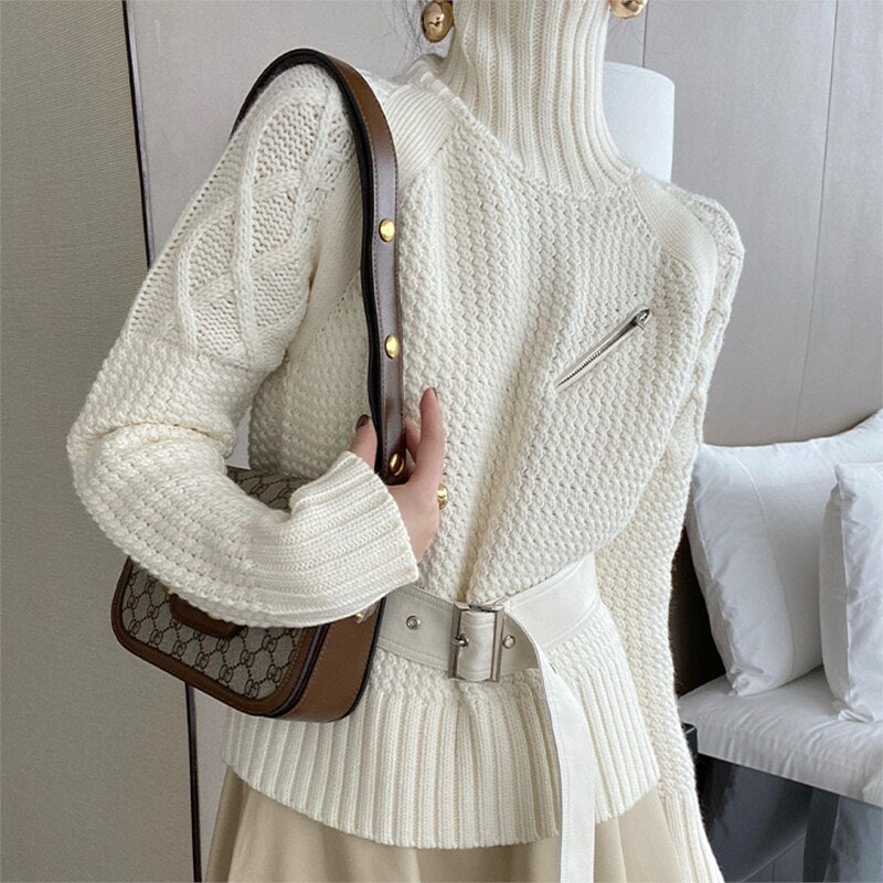 Women Sweater Knitted Fashion Turtleneck Long Sleeve Belt Zipper Pocket Loose Fall Winter Warm Thick Casual Clothing Femme