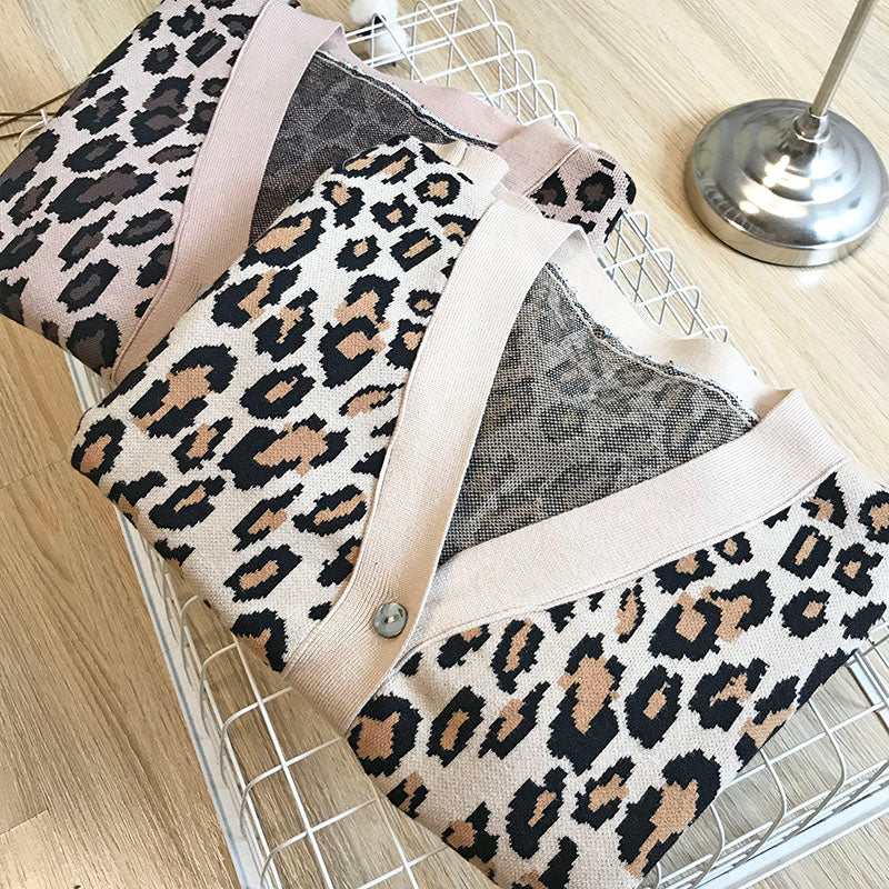Spring Autumn Vintage Leopard Print Women Knitted Sweater V-Neck Buttons Short Cardigan Casual Female Ladies Outwear
