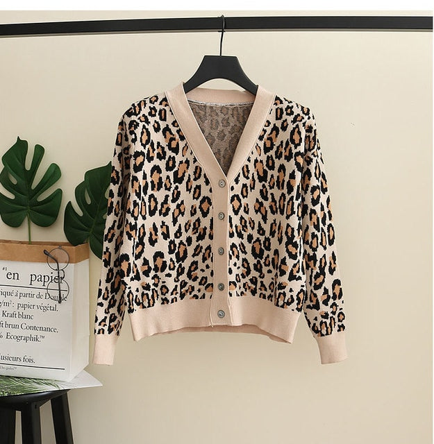 Spring Autumn Vintage Leopard Print Women Knitted Sweater V-Neck Buttons Short Cardigan Casual Female Ladies Outwear