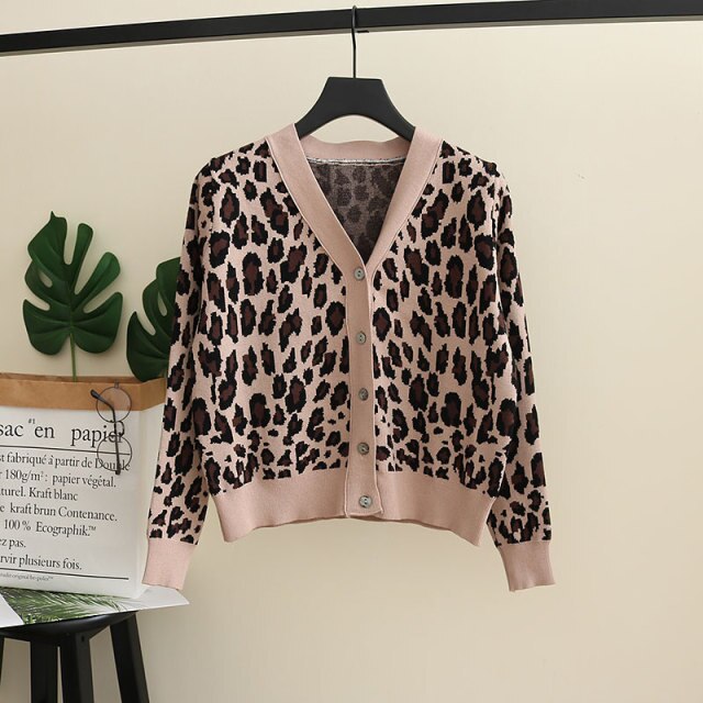 Spring Autumn Vintage Leopard Print Women Knitted Sweater V-Neck Buttons Short Cardigan Casual Female Ladies Outwear