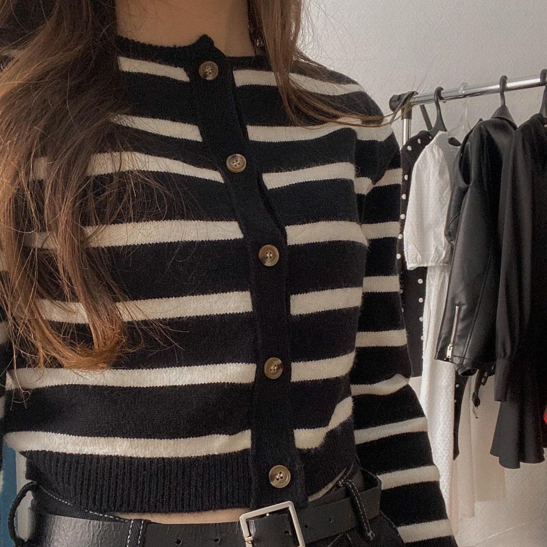 Spring Black&White Striped Knit Cropped Cardigan Long Sleeve Casual Slim Knitted Women Wool Sweater Outwear Korean