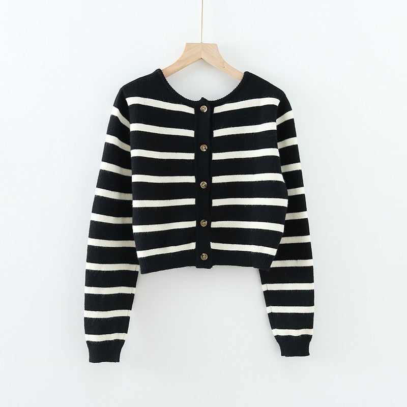 Spring Black&White Striped Knit Cropped Cardigan Long Sleeve Casual Slim Knitted Women Wool Sweater Outwear Korean