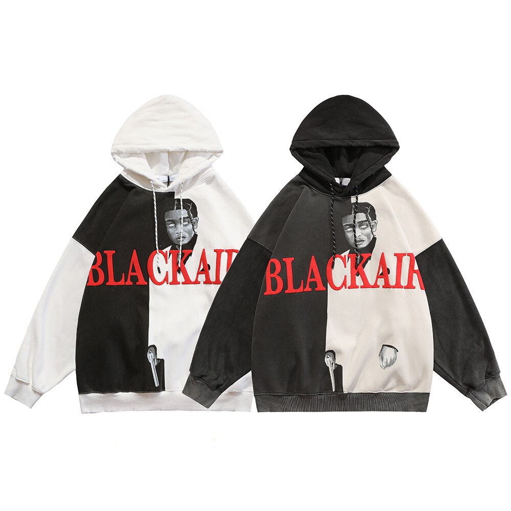 Hoodie Men Cool Man Color Block Print Pullover Winter Plus Velvet Cozy Hipster Hip Hop Punk High Street Male Streetwear