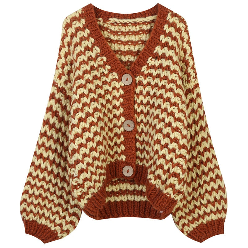 Striped Cardigan Sweater Women Lantern Sleeve Casual Loose Jumper Autumn Winter V Neck Knitted Oversized Coat Ladies