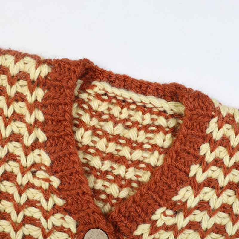 Striped Cardigan Sweater Women Lantern Sleeve Casual Loose Jumper Autumn Winter V Neck Knitted Oversized Coat Ladies