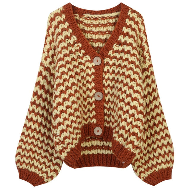 Striped Cardigan Sweater Women Lantern Sleeve Casual Loose Jumper Autumn Winter V Neck Knitted Oversized Coat Ladies