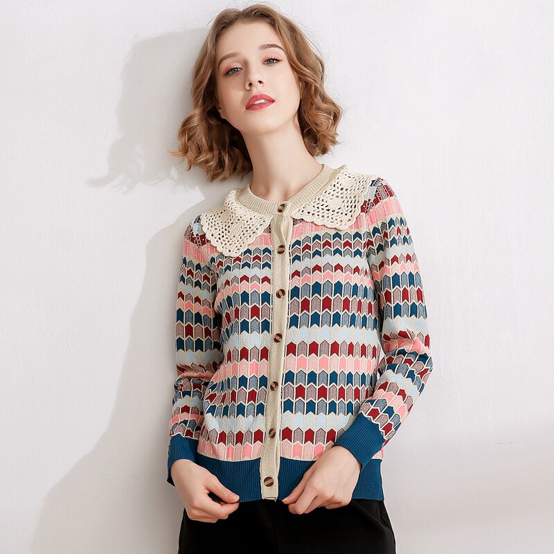 Knitted Cardigan Women Autumn Turn Down Collar Plaid Sweater Knitwear Coat Dropshipping Blusas Mujer De Moda
